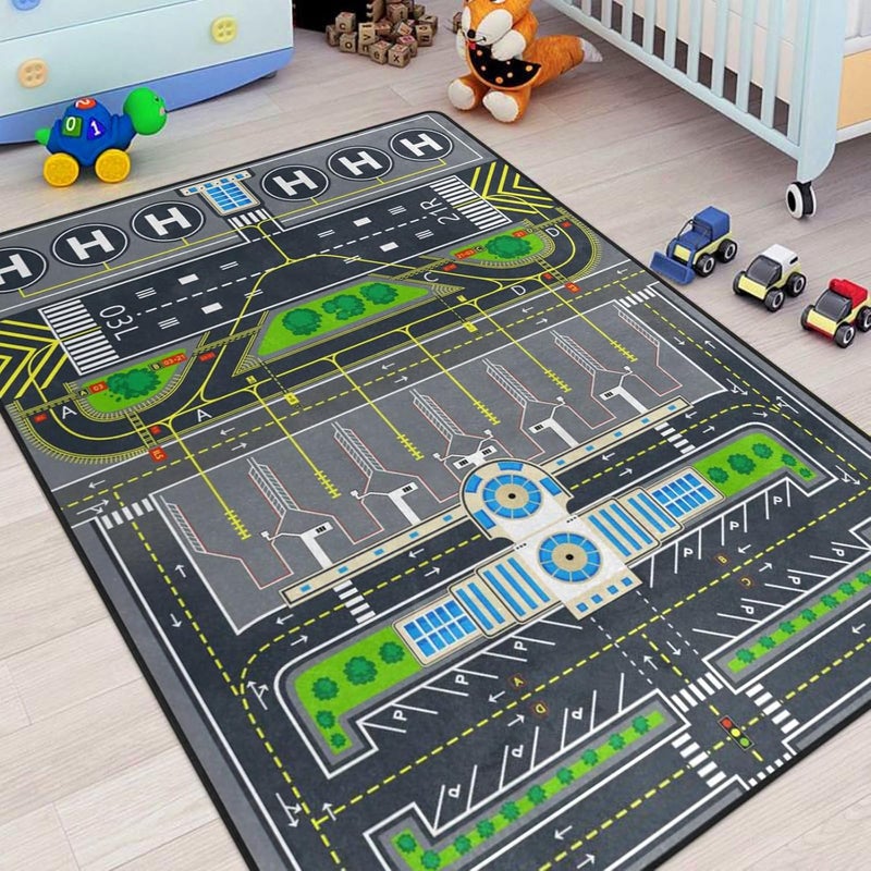 Engree Kids Rugs for Playroom, Aircraft Runway Traffic System Playmat Rugs - 5x7 Ft Kids Carpet Airplane Tarmac Airport Play Mat for Bedroom - Non-Slip Have Fun Safe Nursery Rug - Image 3